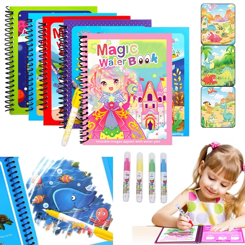 Reusable Water Magic Coloring Book - Магическая водная раскраска с водным маркером,